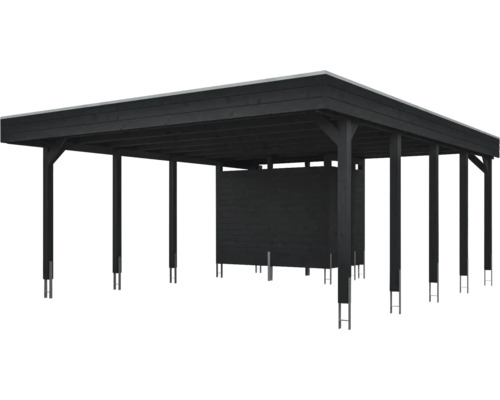 Moderner Holz-Carport in Schwarz mit Flachdach und integriertem Geräteraum.