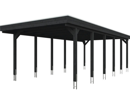 Schwarzer Doppelcarport aus Holz mit Flachdach und Metall-Pfostenankern