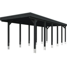 Carport aus Holz mit Flachdach und Stützpfosten mit Metallankern.
