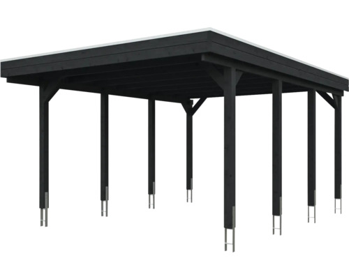 Schwarzer Carport aus Holz mit Flachdach und Pfostenankern aus Metall.