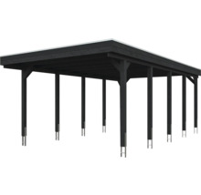 Carport aus dunklem Holz mit Flachdach und Pfosten mit Metallankern.