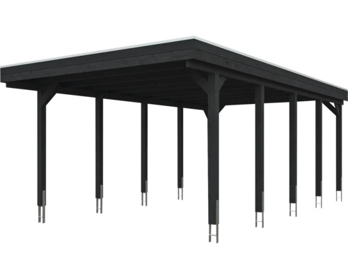 Carport aus dunklem Holz mit Flachdach und Pfosten mit Metallankern.