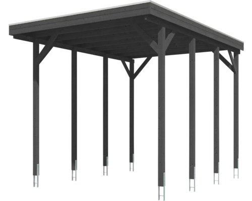 Freistehendes Einzelcarport aus Holz mit Flachdach und Pfostenankern in Anthrazit.