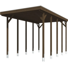 Holz-Carport mit Flachdach und acht Pfosten inklusive H-Ankern zur Bodenbefestigung.