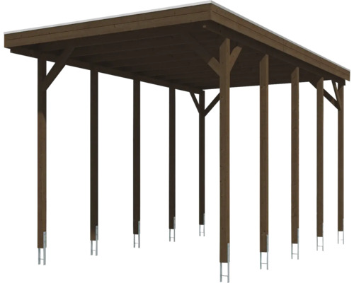 Holz-Carport mit Flachdach und acht Pfosten inklusive H-Ankern zur Bodenbefestigung.