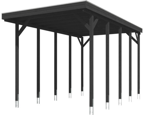 Dunkelgraues Holz-Carport mit Flachdach, massiven Holzpfosten und Metall-H-Ankern zur Befestigung.