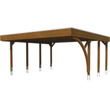 Freistehender Holz-Carport mit Flachdach und Pfostenankern aus Metall.