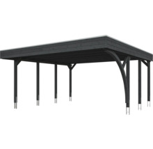Moderner Carport aus Holz mit Flachdach und Metallpfostenankern in Anthrazit.
