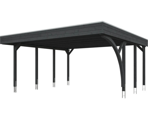 Moderner Carport aus Holz mit Flachdach und Metallpfostenankern in Anthrazit.