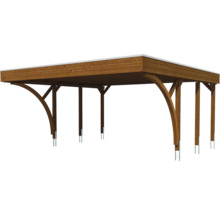 Carport aus Holz mit Flachdach und gebogenen Stützstreben.