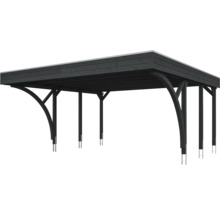 Dunkles Holz-Carport mit Flachdach, bogenförmigen Kopfbändern und Metallpfostenträgern.
