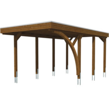 Carport aus Holz mit Flachdach, sechs Pfosten und gebogenen Kopfbändern.