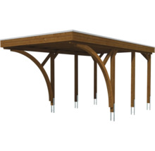 Carport aus Holz mit Flachdach, Rundbogenstützen und Pfostenankern aus Metall.