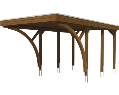 Carport aus Holz mit Flachdach, Rundbogenstützen und Pfostenankern aus Metall.
