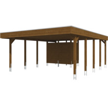 Doppelcarport aus Holz mit Flachdach und integriertem Geräteraum auf Metallpfostenankern.