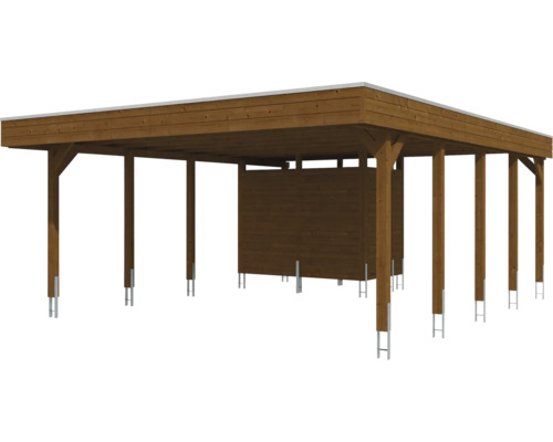 Doppelcarport aus Holz mit Flachdach und integriertem Geräteraum auf Metallpfostenankern.