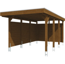 Carport aus Holz mit Flachdach und Seitenwänden