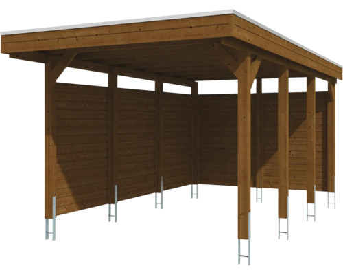 Carport aus Holz mit Flachdach und Seitenwänden