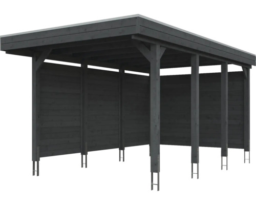 Carport aus Holz mit Flachdach, Rückwand und Seitenwand in Anthrazit.