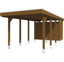 Carport aus Holz mit integriertem Geräteraum und Flachdach, montiert auf Pfostenträgern aus Metall.