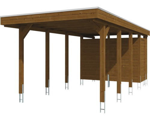 Carport aus Holz mit integriertem Geräteraum und Flachdach, montiert auf Pfostenträgern aus Metall.