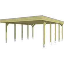 Großer Carport aus Holz mit Flachdach und Pfostenankern aus Metall.