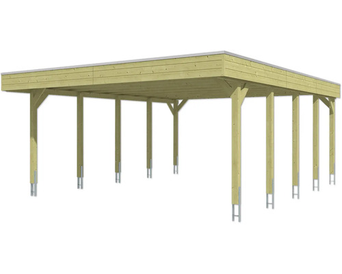 Großer Carport aus Holz mit Flachdach und Pfostenankern aus Metall.
