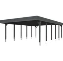 Dunkles Holz-Doppelcarport mit Flachdach und stabilen Pfosten auf Metallankern.