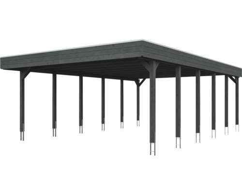 Dunkles Holz-Doppelcarport mit Flachdach und stabilen Pfosten auf Metallankern.