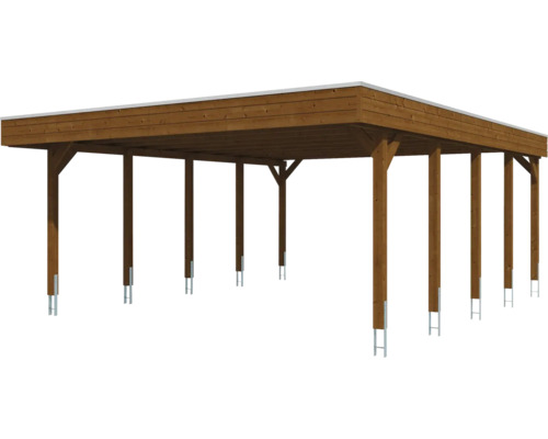Doppelcarport aus Holz mit Flachdach und Pfostenträgern aus Metall