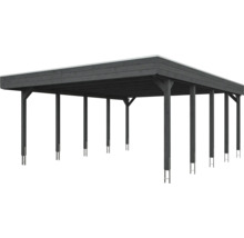 Doppelcarport aus Holz mit Flachdach und Pfostenankern in Anthrazit.