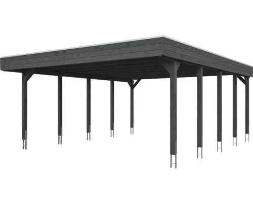 Doppelcarport aus Holz mit Flachdach und Pfostenankern in Anthrazit.