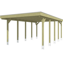 Carport aus Holz mit Flachdach und Pfostenankern.