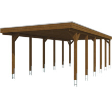 Carport aus Holz mit Flachdach und Pfostenankern aus Metall.
