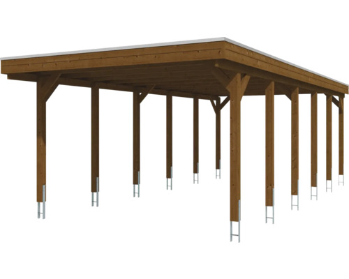 Carport aus Holz mit Flachdach und Pfostenankern aus Metall.