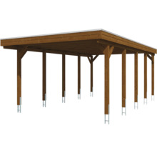 Carport aus Holz mit Flachdach und Pfosten mit Pfostenankern.