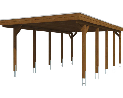 Carport aus Holz mit Flachdach und Pfosten mit Pfostenankern.