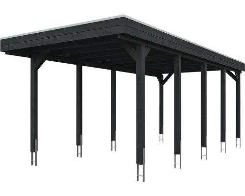 Dunkler Holz-Carport mit Flachdach und Pfostenankern aus Metall.