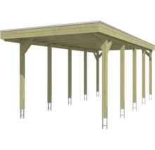 Carport aus hellem Holz mit Flachdach und Pfostenankern aus Metall.