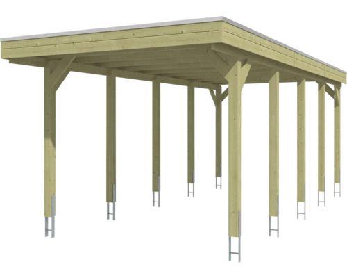 Carport aus hellem Holz mit Flachdach und Pfostenankern aus Metall.