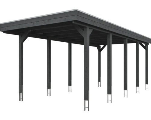 Modernes Carport aus anthrazitfarbenem Holz mit Flachdach und stabilen Pfostenankern aus Metall.