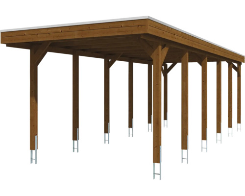 Großer Holz-Carport mit Flachdach und mehreren Holzpfosten, die in Metallankern befestigt sind.