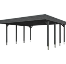 Carport aus Holz mit Flachdach und stabilen Stützpfosten.