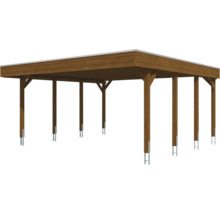 Brauner Doppel-Carport aus Holz mit Flachdach und Pfostenankern aus Metall.