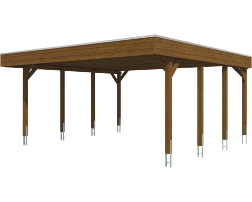 Brauner Doppel-Carport aus Holz mit Flachdach und Pfostenankern aus Metall.