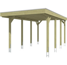 Carport aus Holz mit Flachdach und sechs Pfosten auf H-Ankern.