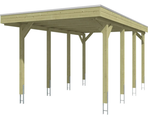 Carport aus Holz mit Flachdach und sechs Pfosten auf H-Ankern.
