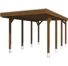 Carport aus Holz mit Flachdach und Pfostenankern.