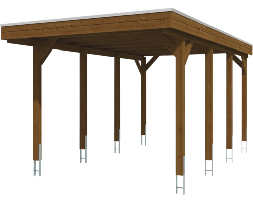 Carport aus Holz mit Flachdach und Pfostenankern.
