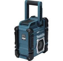 Makita DMR112 Baustellenradio mit Digital Audio Broadcasting plus, Bluetooth, Tragegriff und Makita Logo.